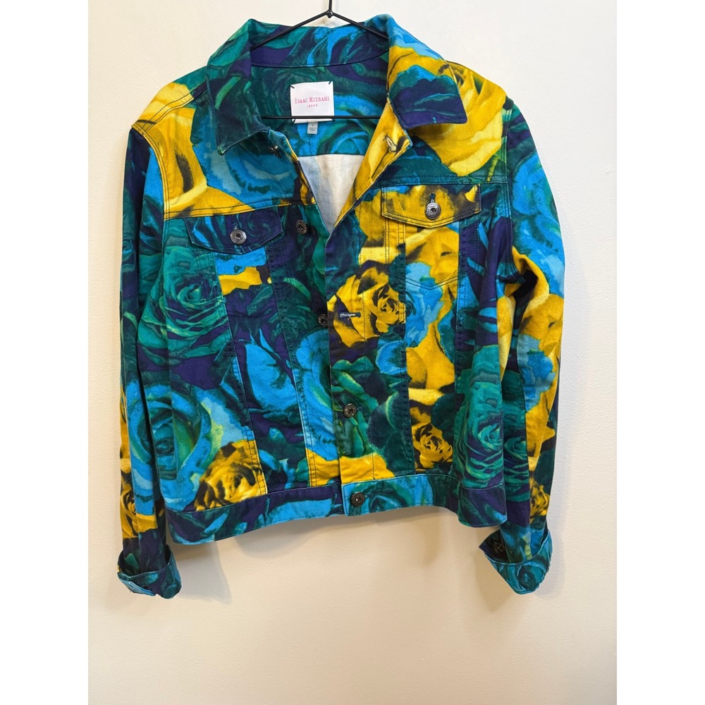 Isaac Mizrahi Floral Denim Jacket Womens Large Blue Yellow Rose Print Excellent